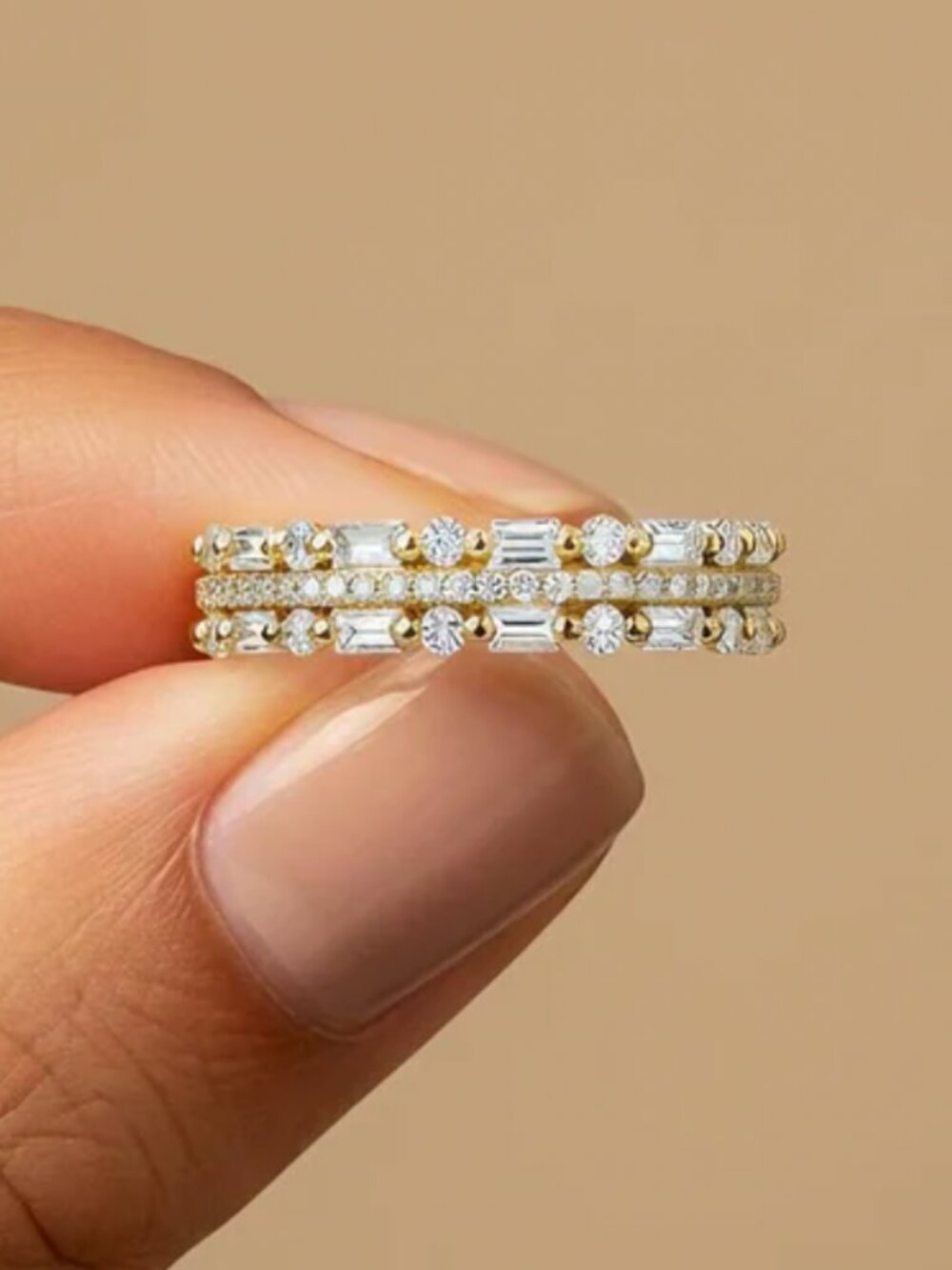 NEW 18k Gold Diamond Ring Band Dainty Diamond Ring Stackable Emerald & Round Cut